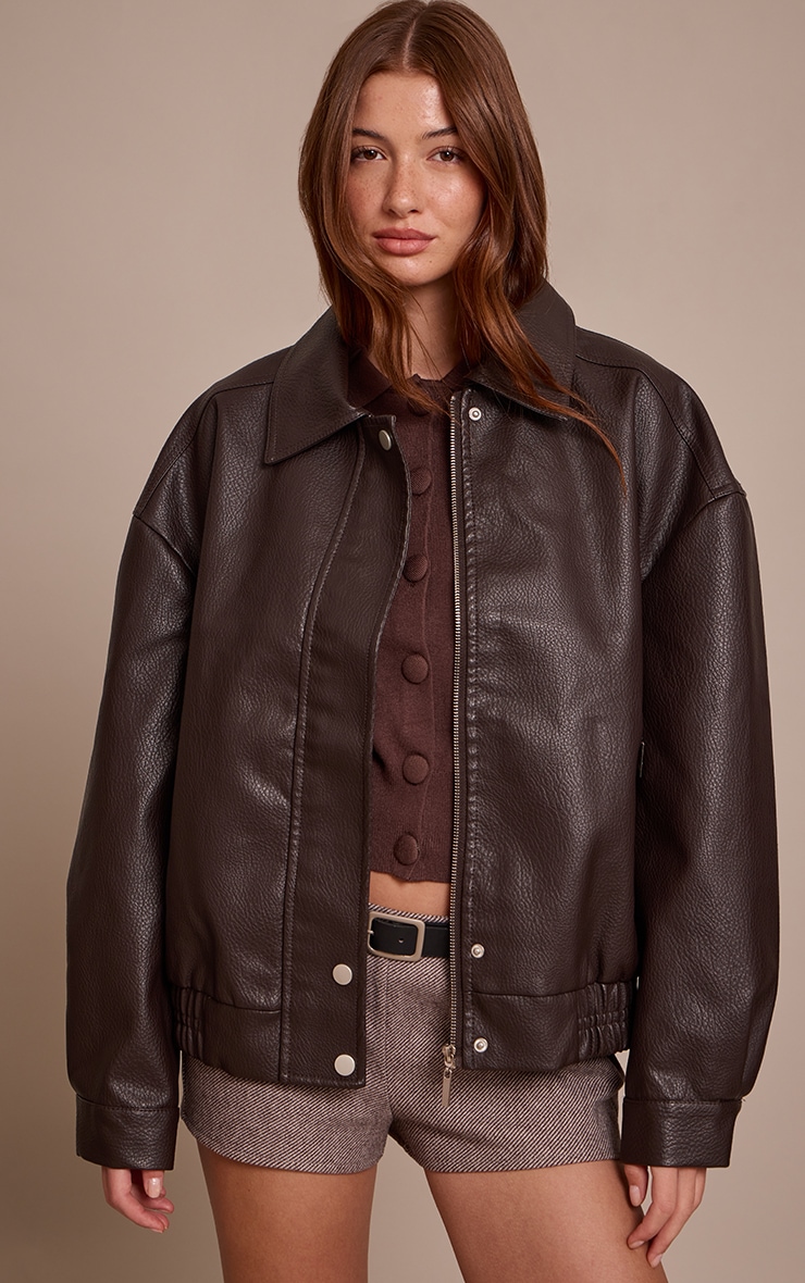 Veste bomber en PU chocolat à boutons cachés image 1