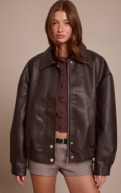 Chocolate Concealed Placket Faux Leather Bomber Jacket