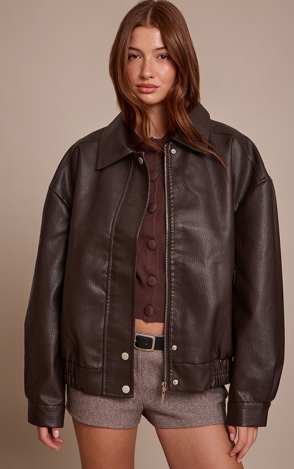 Veste bomber en PU chocolat à boutons cachés