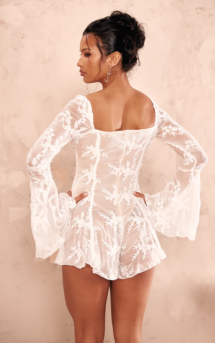 White Lace Binding Detail Flare Sleeve Romper image 2