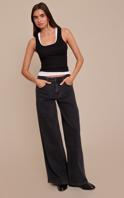 Jean large stretch noir délavé à taille mi-haute