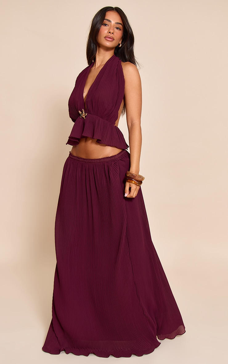 Petite Wine Plisse Fitted Waist Maxi Skirt image 3