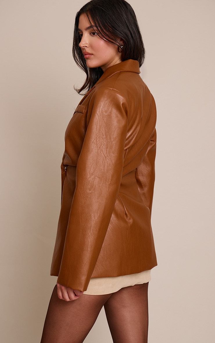 Tan Faux Leather Cinch Waist Blazer image 2