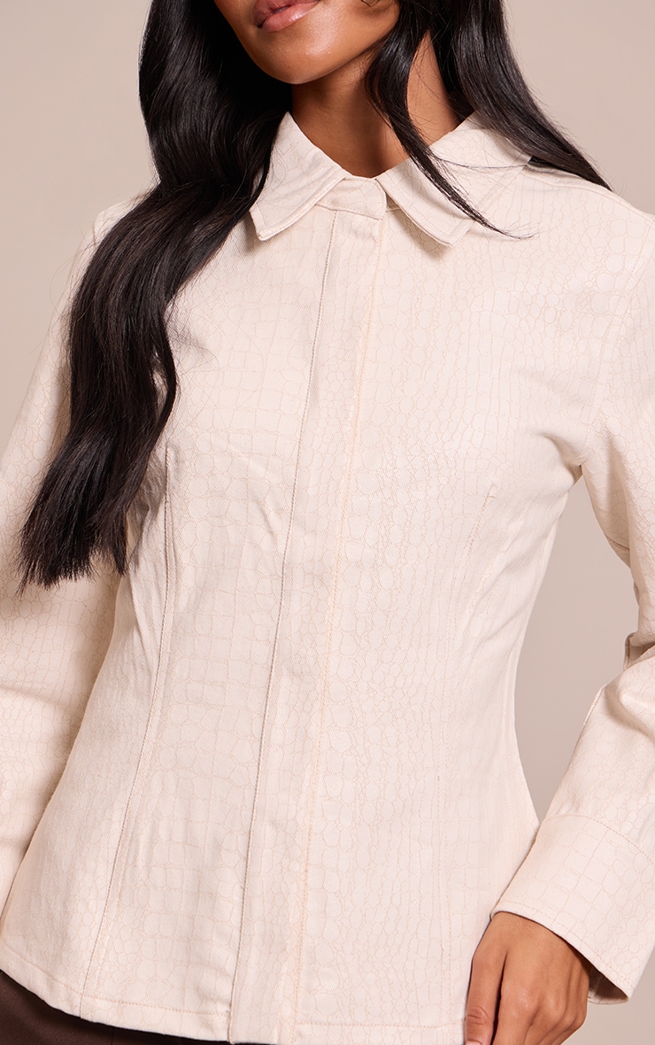 Tall Cream Snake Print Coated Cinched Denim Shirt image 4