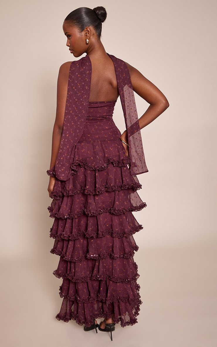 Robe longue en mousseline de soie rouge vin imprimé petites fleurs à étages volantés image 2