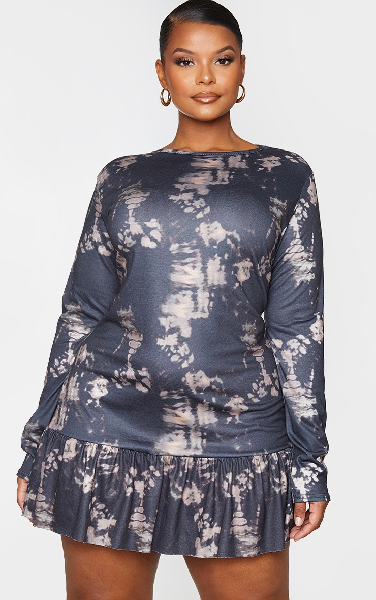 Plus Brown Tie Dye Long Sleeve Frill Hem Shift Dress