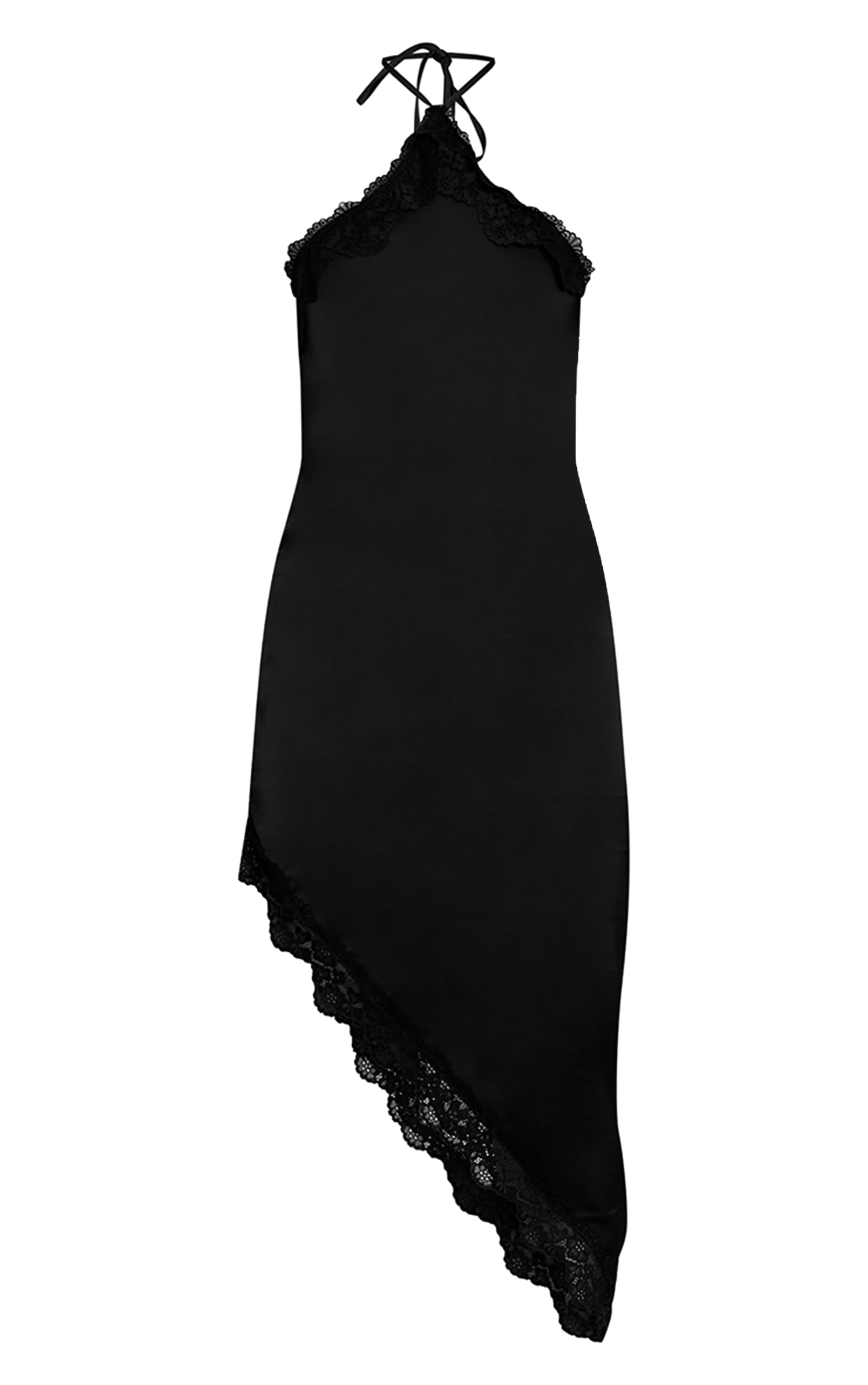 Black Satin Lace Trim Detail Asymmetric Halterneck Dress image 5