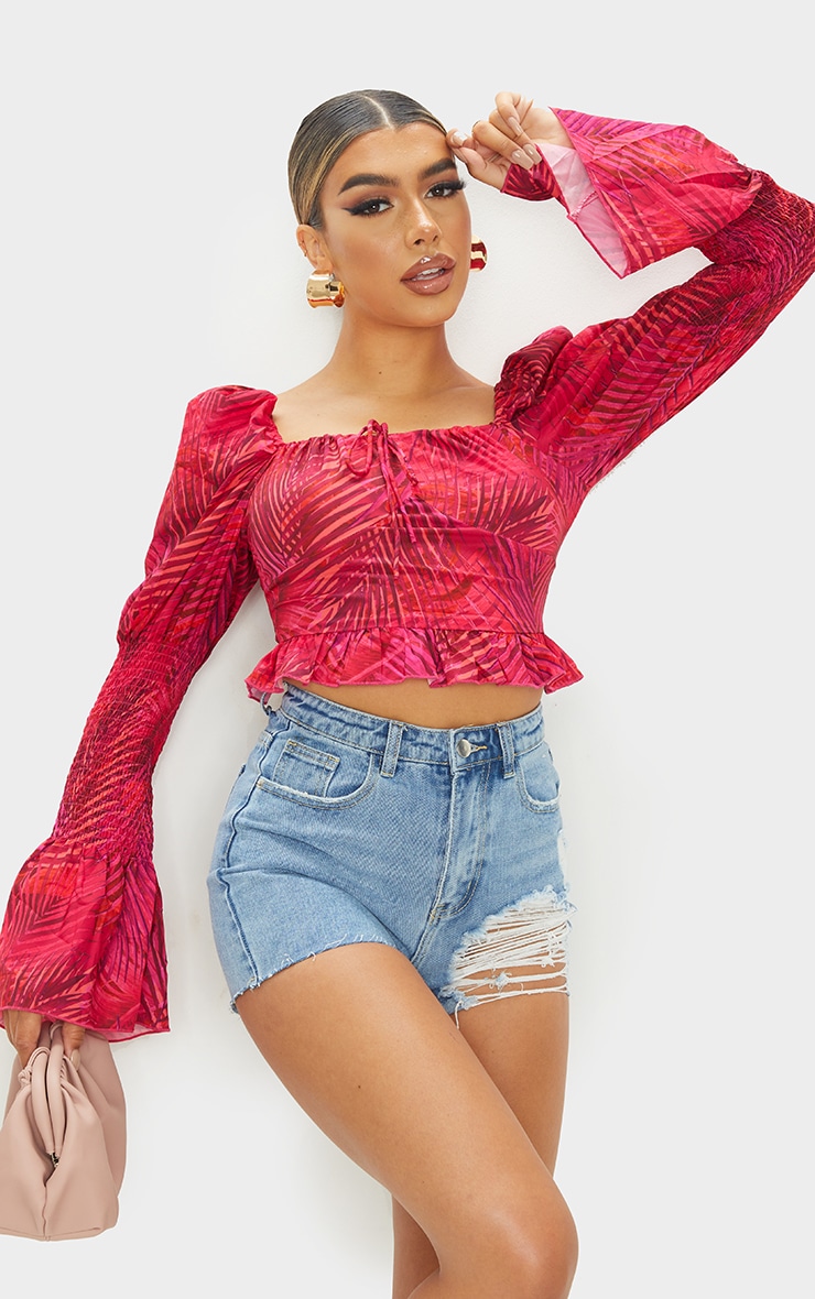 Pink Woven Palm Shirred Sleeve Crop Top