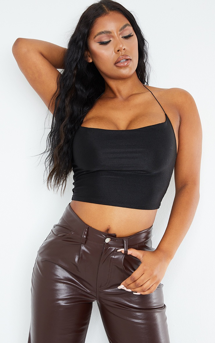 Black Disco Cowl Neck Crop Top