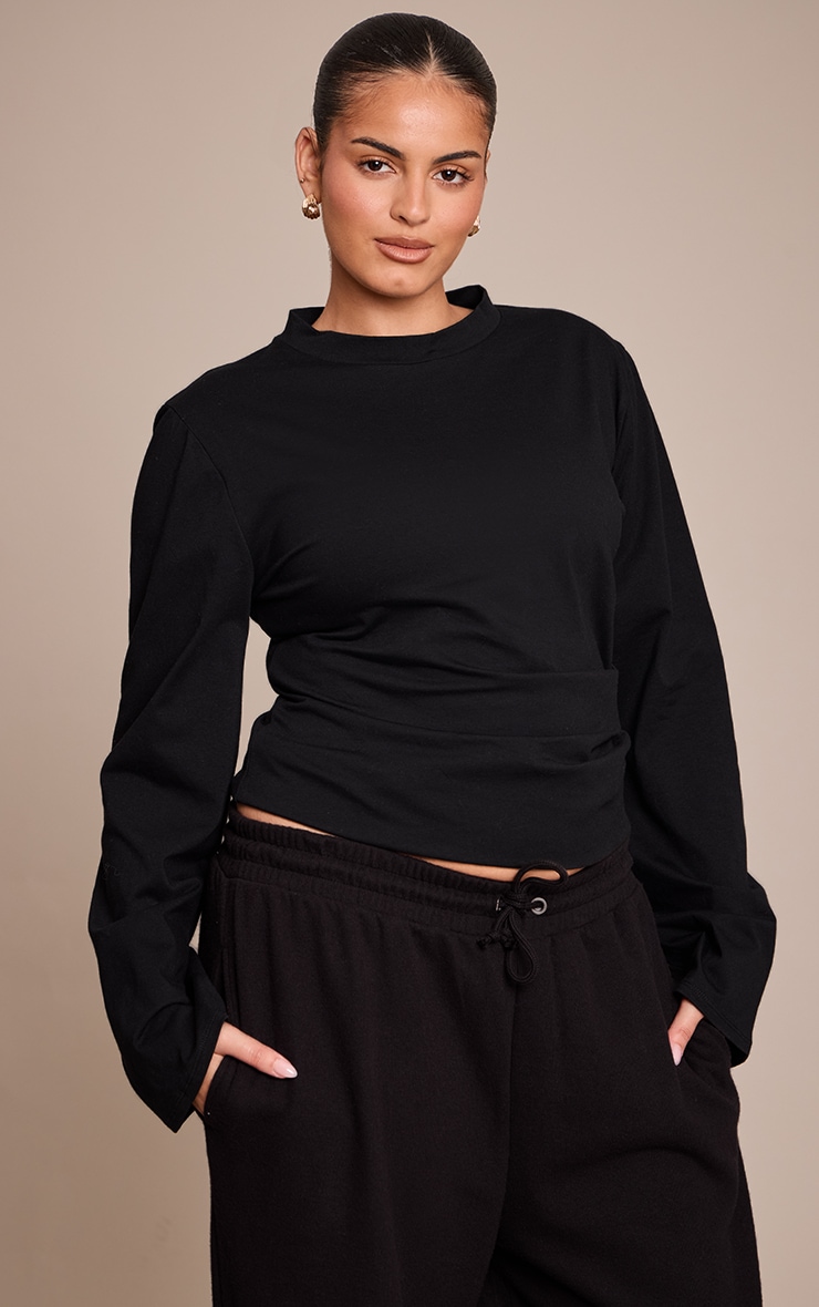 Plus Black Cotton Ruched Side Long Sleeve T-shirt image 1