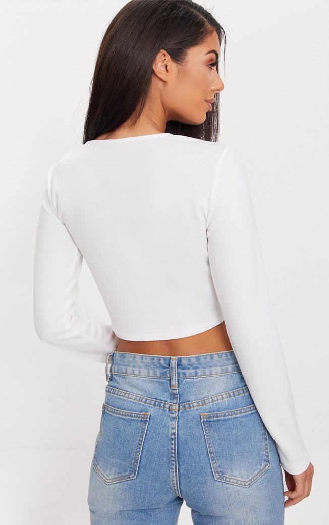 White Lace Up Front Long Sleeve Crop 
