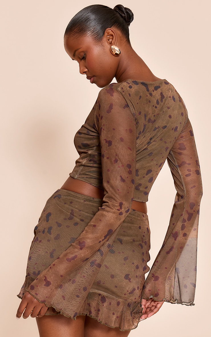 Khaki Abstract Print Mesh Long Sleeve Top image 2