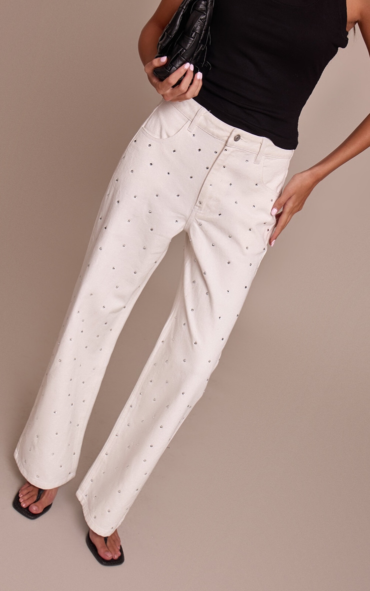 White High Waist Diamante Straight Leg Denim Jeans image 2