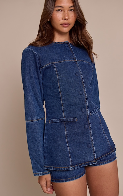 Chemise en jean bleu moyen à col rond