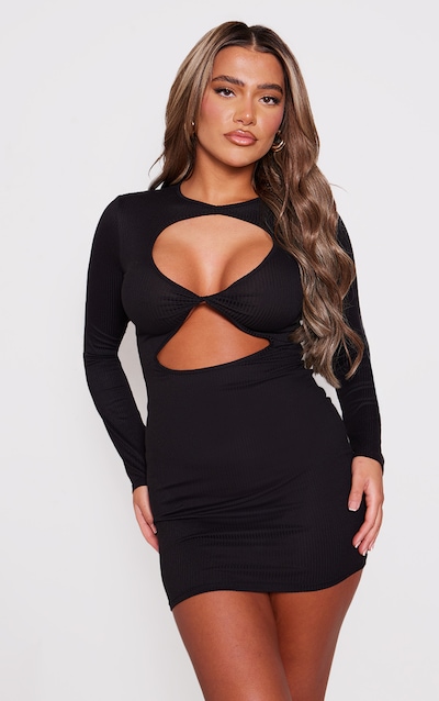 Black Rib Long Sleeve Twist Front Cut Out Mini Dress