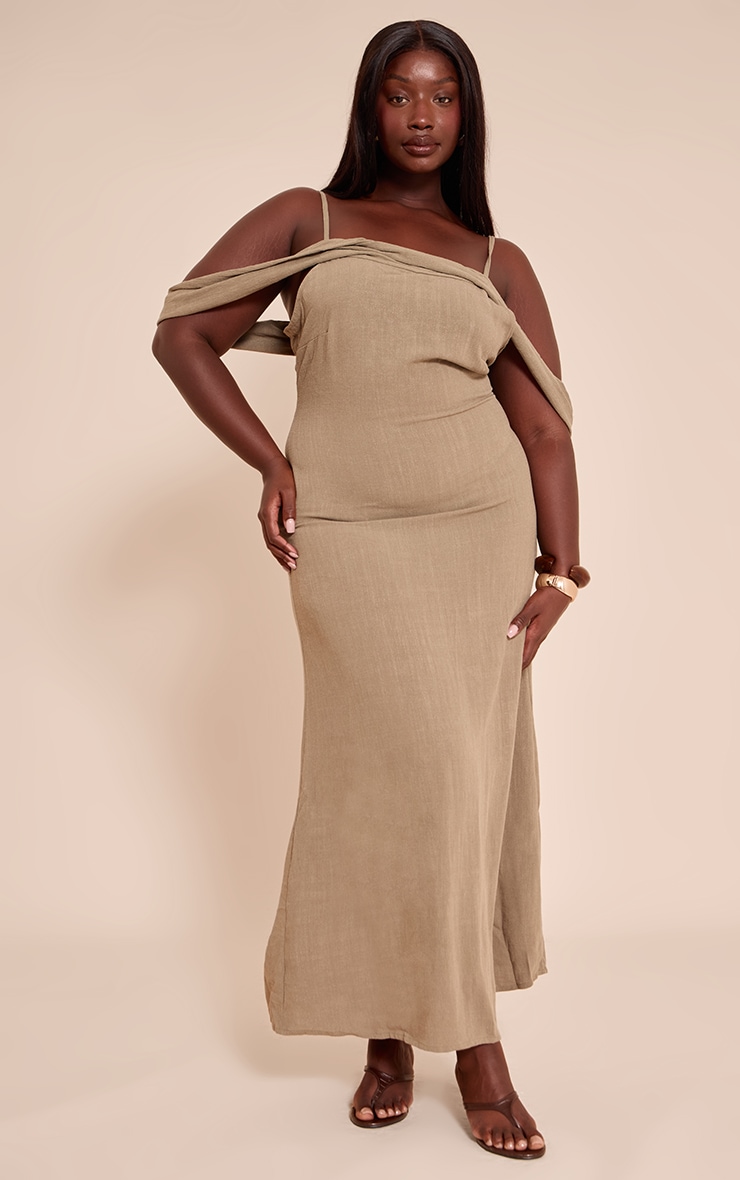 Plus Khaki Textured Strappy Drape Detail Maxi Dress image 1