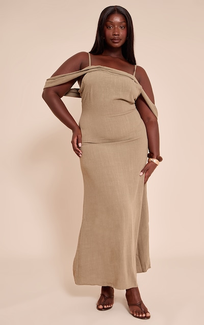 Plus Khaki Textured Strappy Drape Detail Maxi Dress