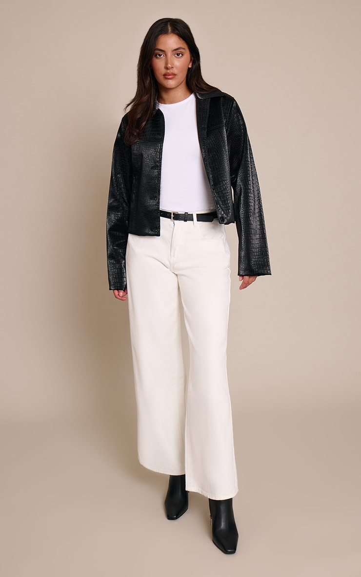 Black Faux Leather Croc Button Jacket image 3