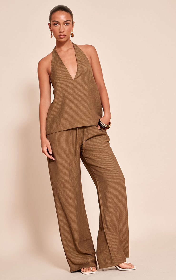 Chocolate Stripe Woven Halter Neck Tie Crop Top image 3