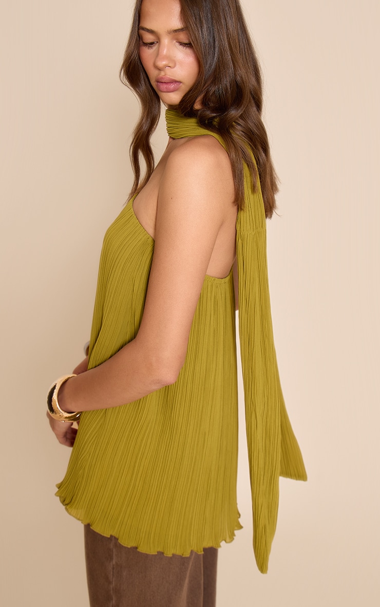 Top bustier long en mousseline de soie vert olive à foulard image 3