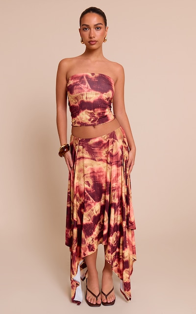 Deep Red Abstract Print Slinky Asymmetrical Hem Maxi Skirt
