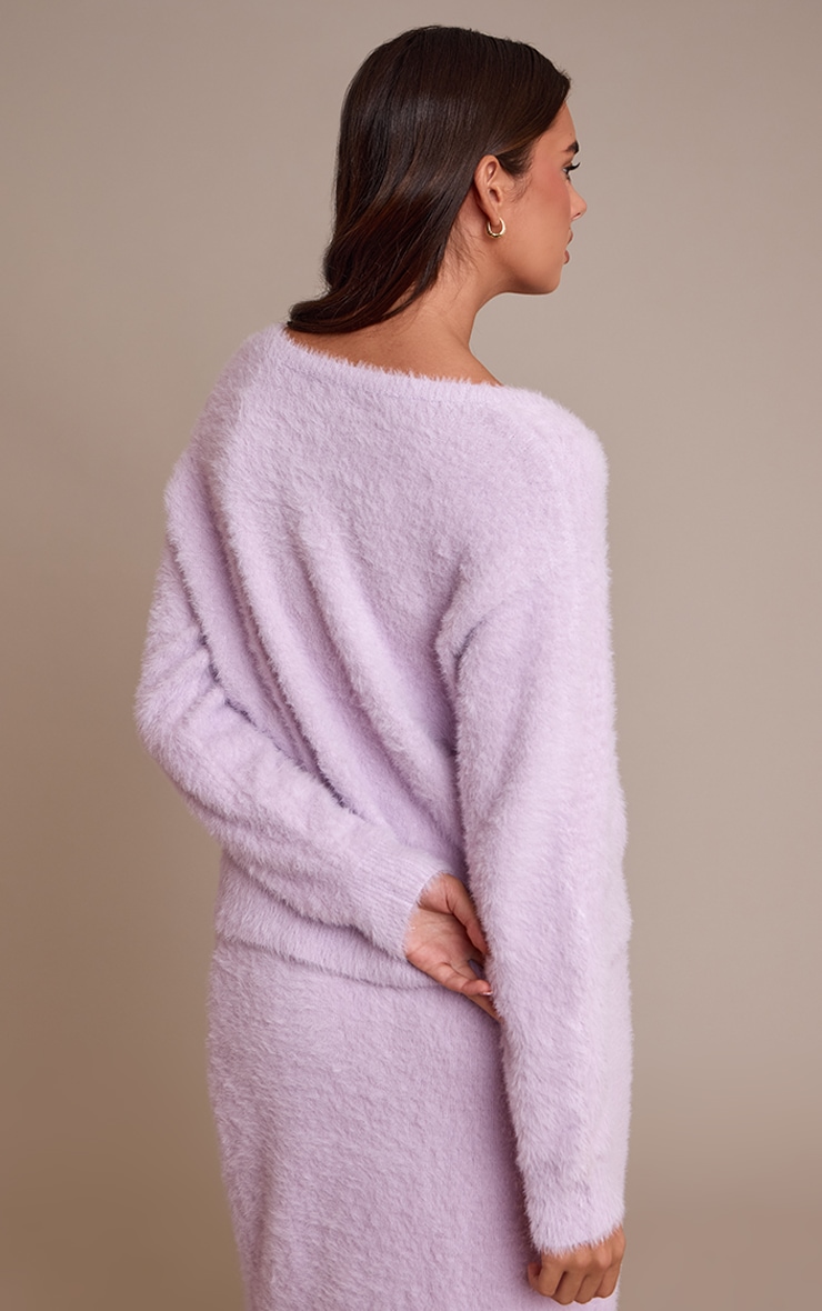 Lilac Fluffy V Neck Knitted Oversized Sweater image 2