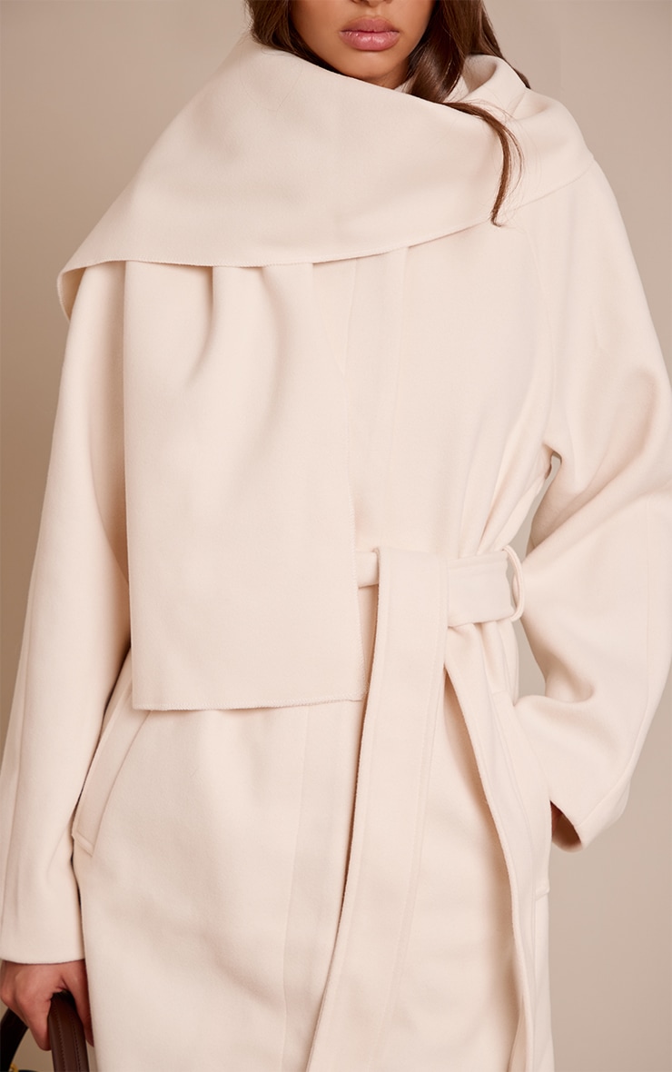 Cream High Neck Scarf Wool Look Maxi Coat image 4