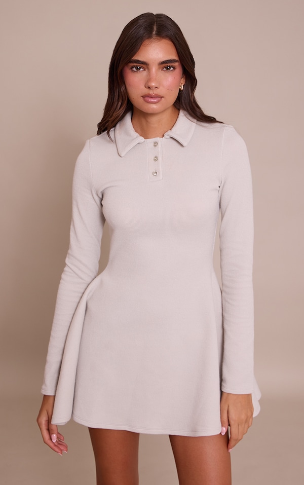 Grey Ribbed Long Sleeve Shift Dress