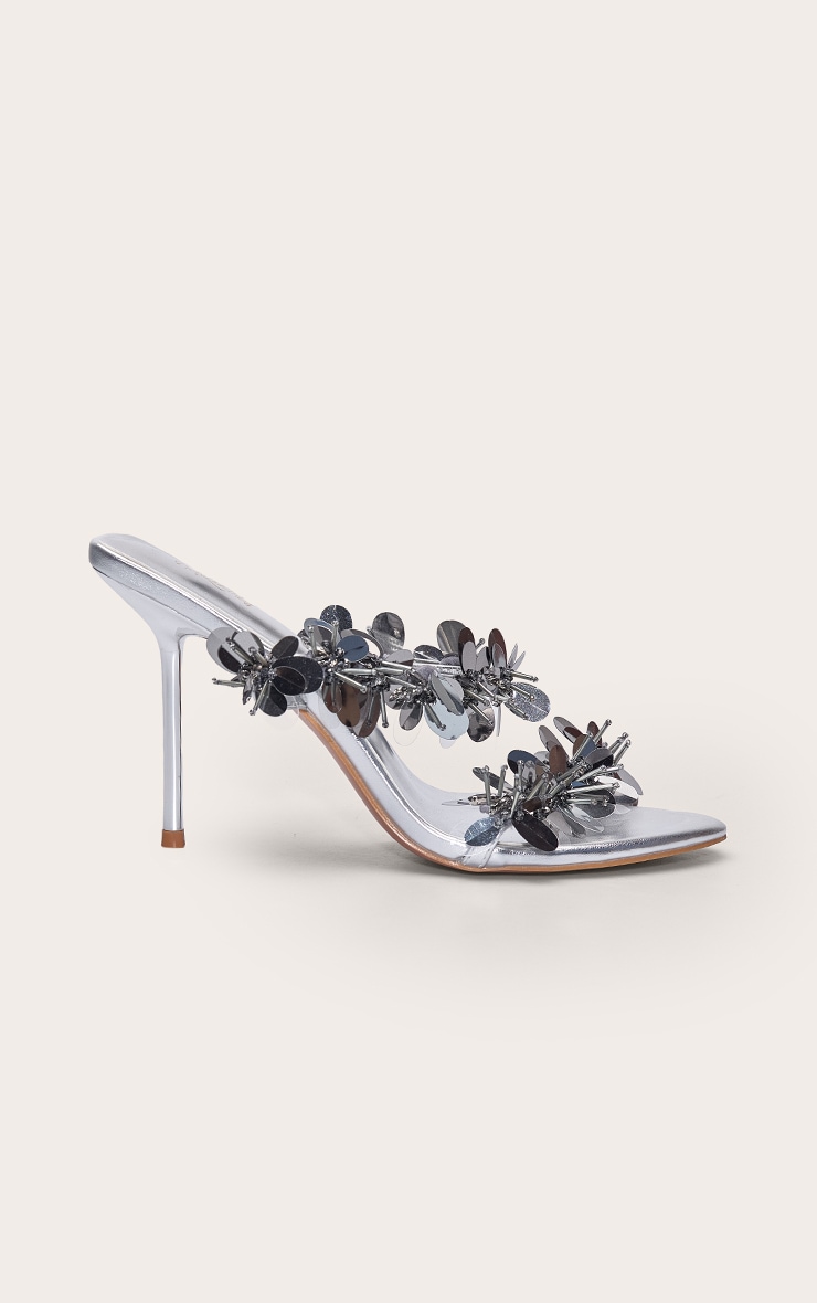 Silver Sequin Flower Detail Heeled Sandals image 2
