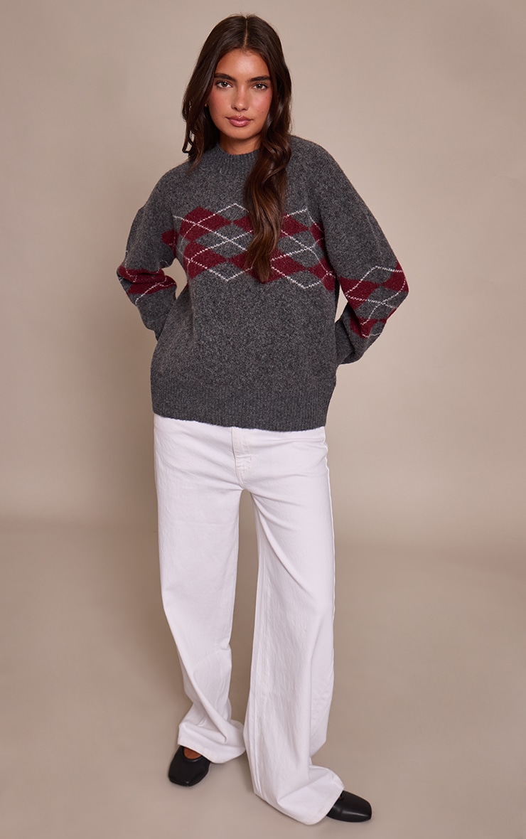 Grey Argyle Crew Neck Jumper image 3