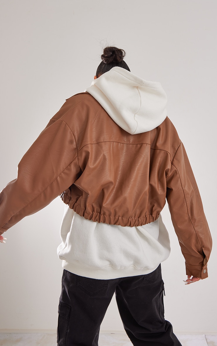 Tan Faux Leather Pocket Detail Cropped Jacket image 1