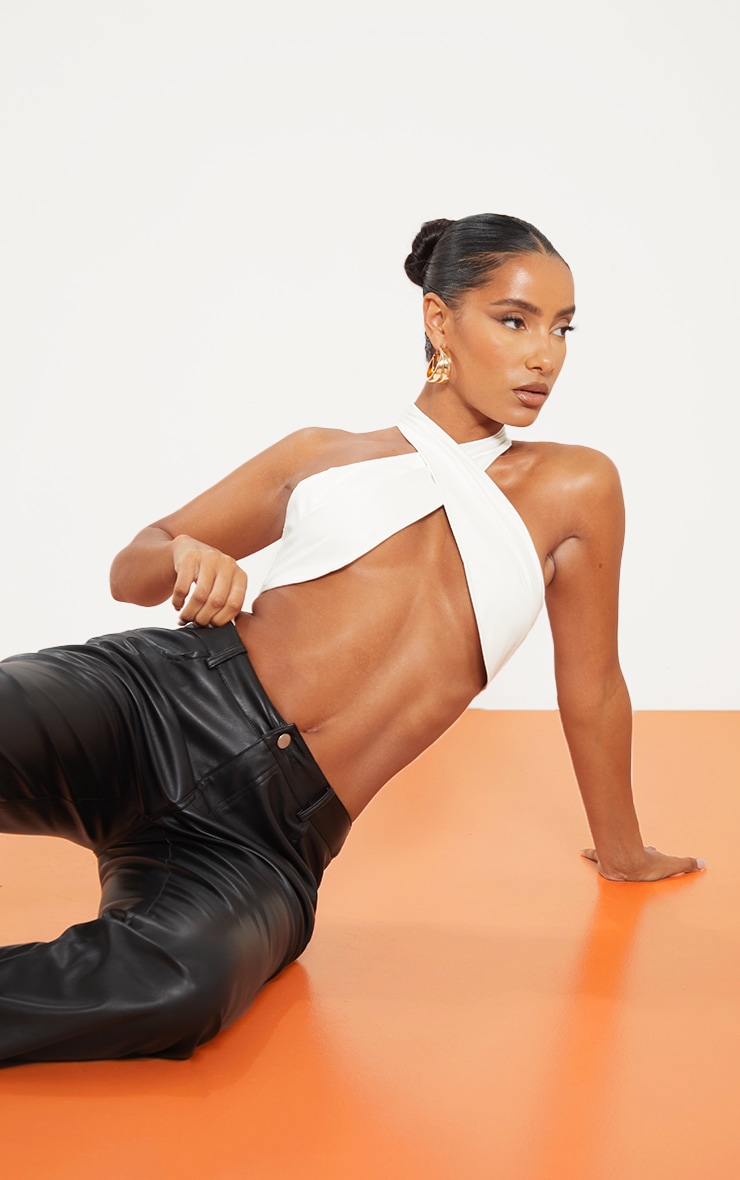White Faux Leather Cross Front Crop Top