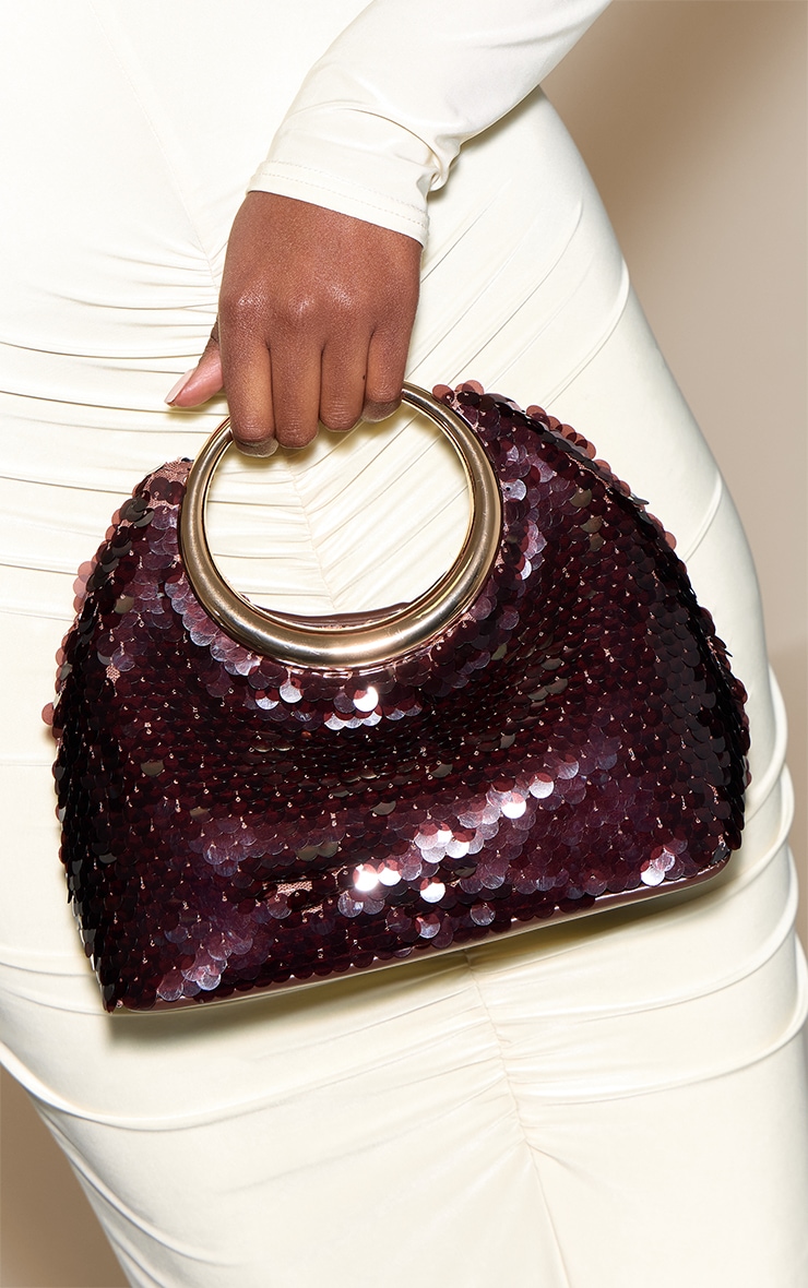 Chocolate Sequin Grab Handle Clutch Bag image 1
