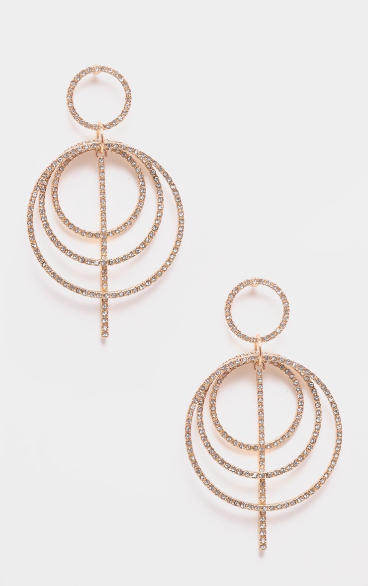 Gold Multi Ring Diamante Statement Earrings
