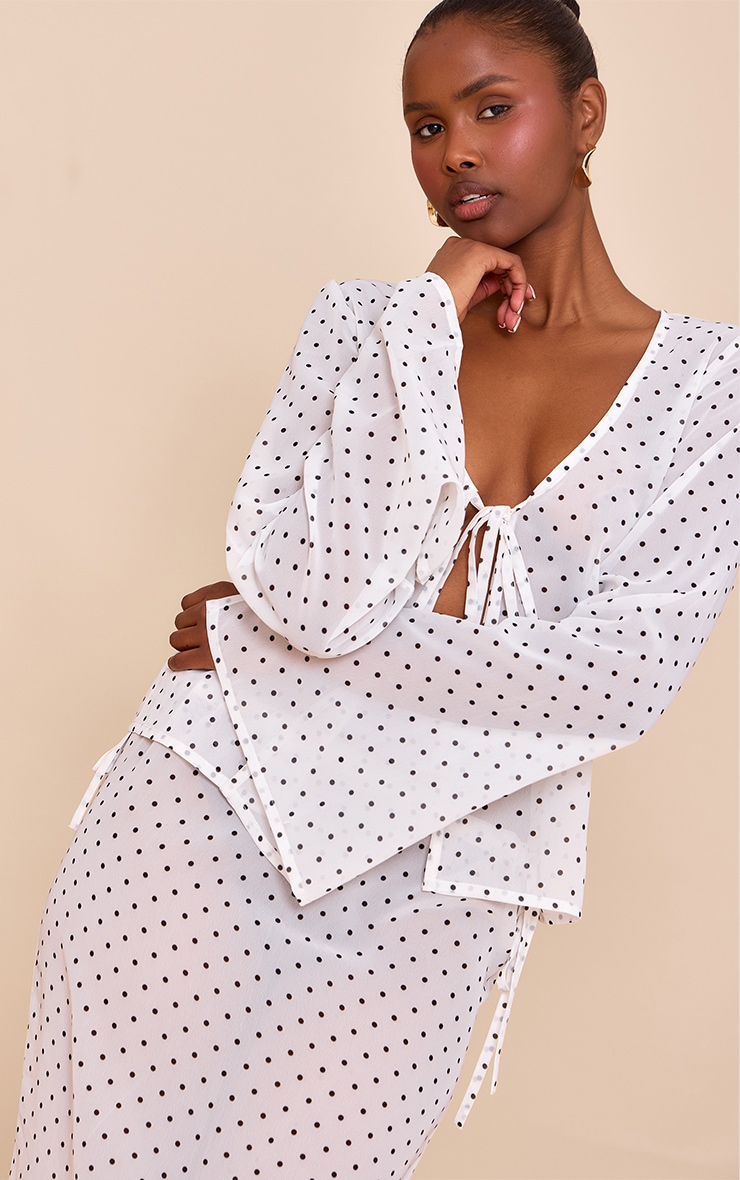 White Sheer Polka Dot Long Sleeve Button Up Top image 4