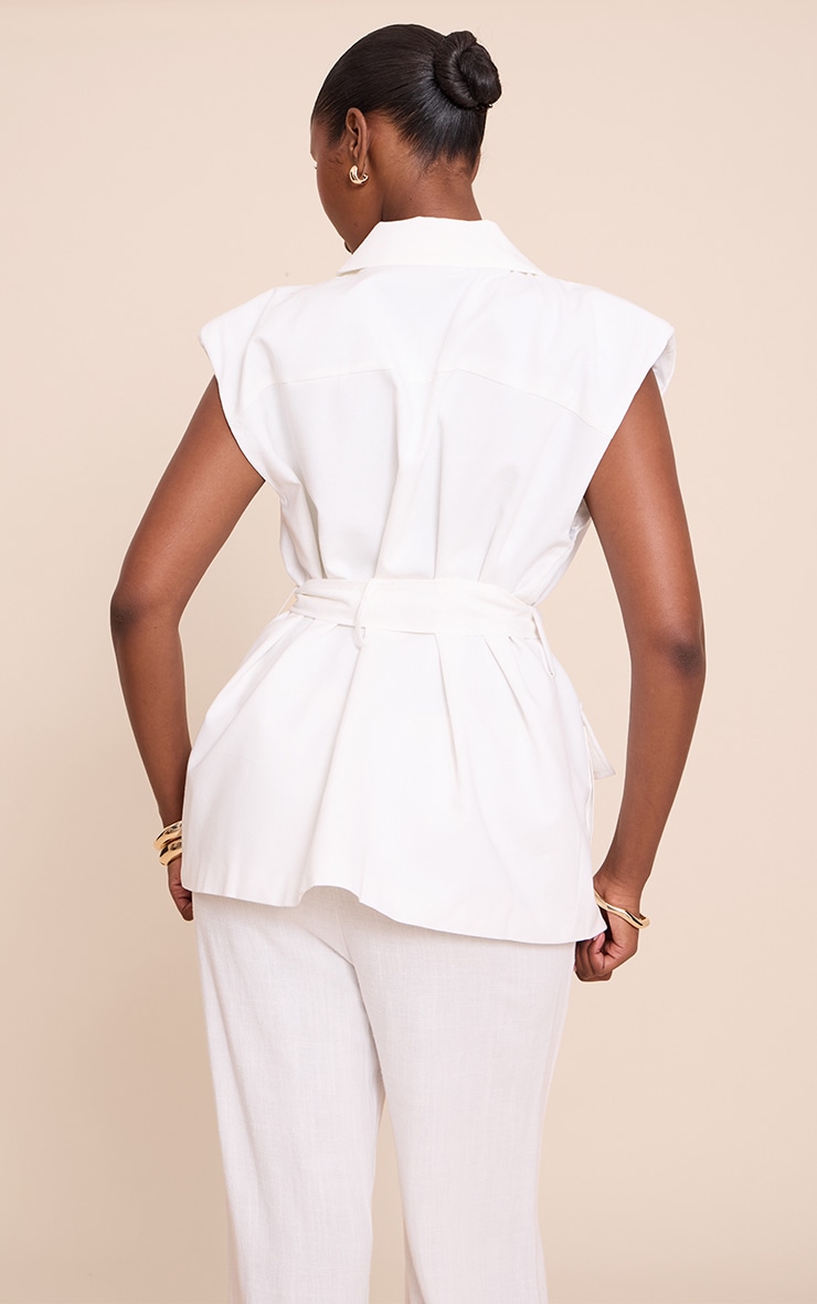 Cream Utility Style Linen Look Tie Waist Vest image 2