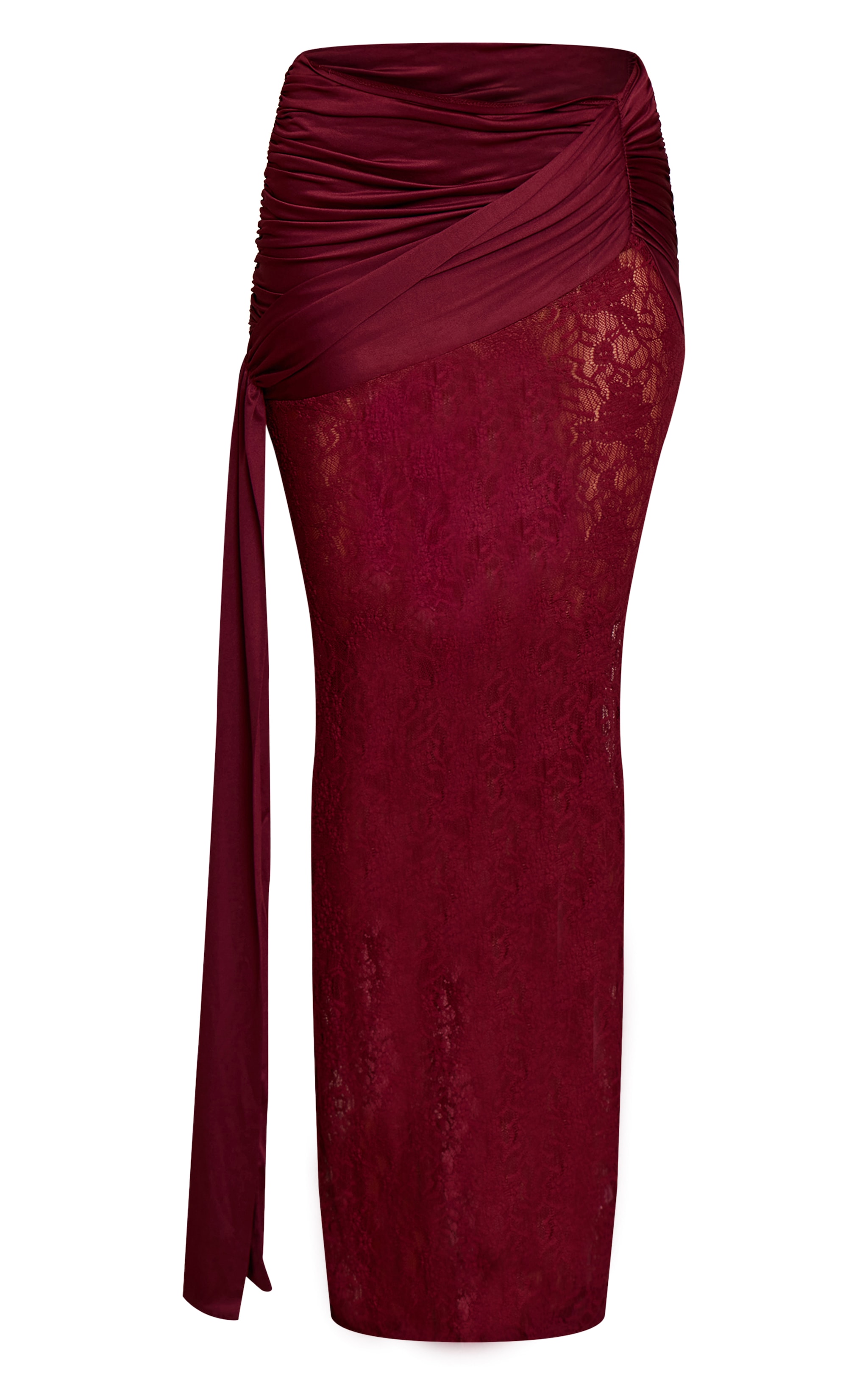 Jupe longue moulante en dentelle rouge vin foncé froncée à partie superposée drapée image 5