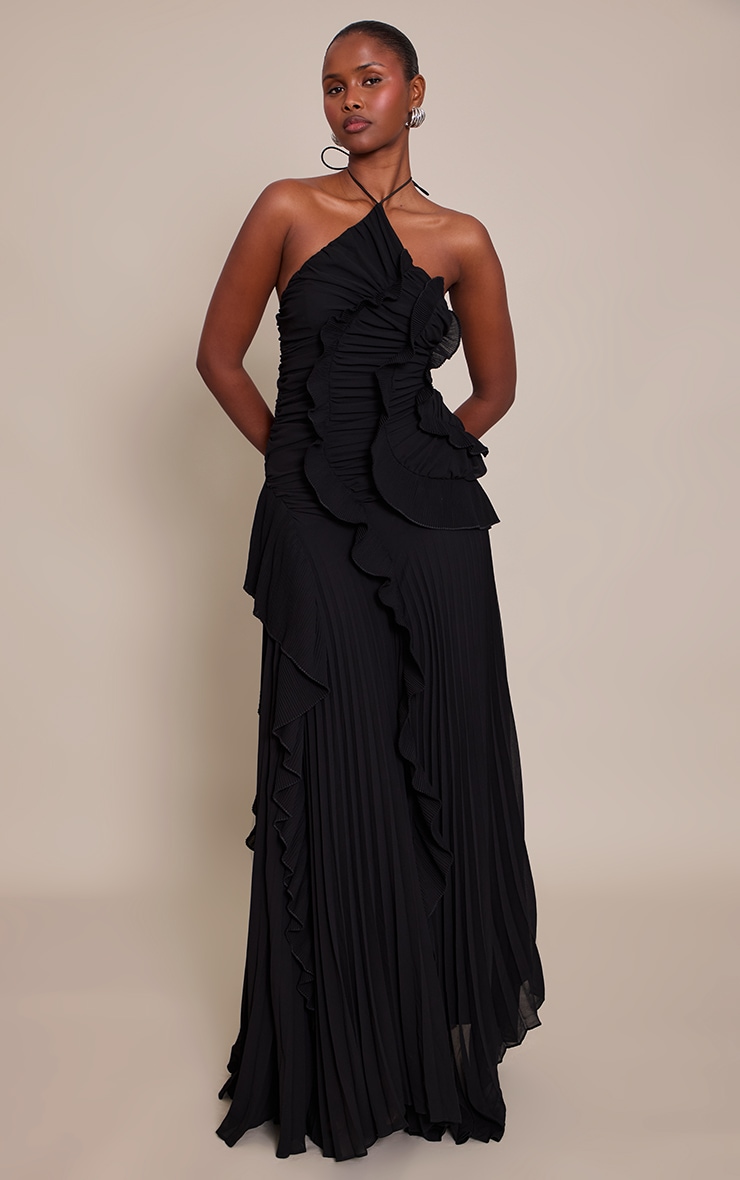 Black Pleated Frill Halterneck Maxi Dress image 1
