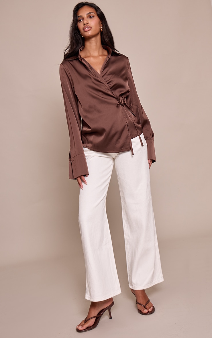 Chocolate Satin Tie Waist Detail Slouchy Shirt image 3