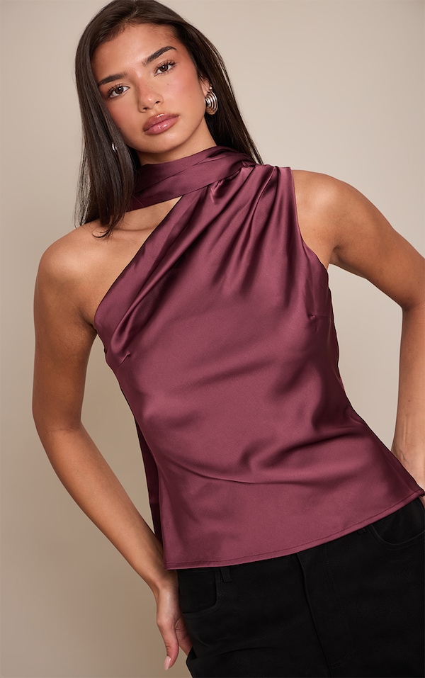 Plum Asymmetric Scarf Detail Top