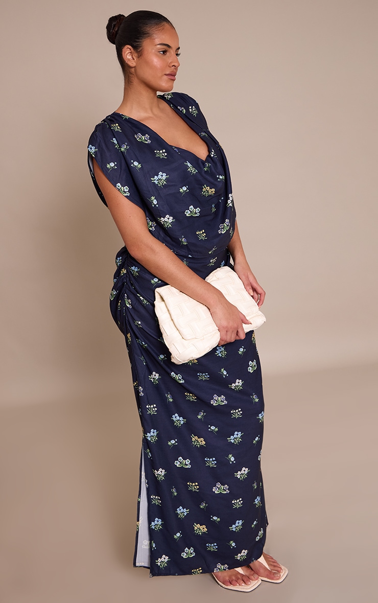Plus Navy Floral Extreme Cowl Ruched Detail Maxi Dress image 3