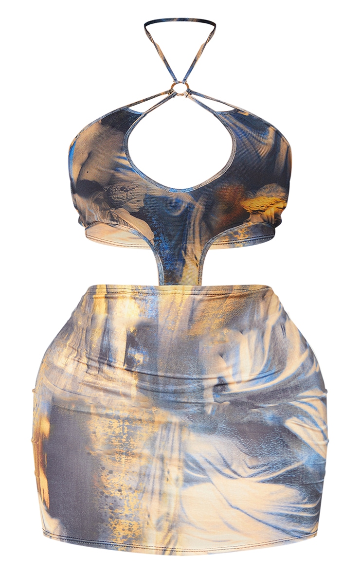 Shape Blue Renaissance Print Ring Detail Cut Out Bodycon Dress image 5