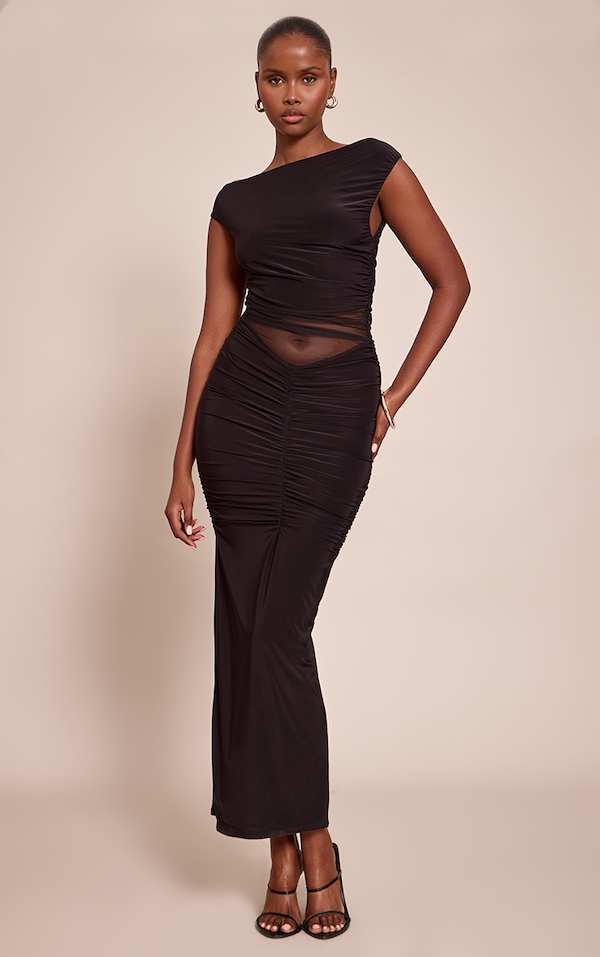 Robe longue en mesh noir à épaules dénudées et partie superposée