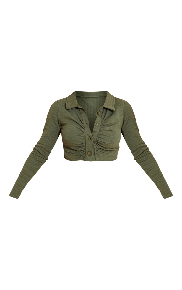 Khaki Heavy Rib Button Front Ruched Long Sleeve Crop Top image 2