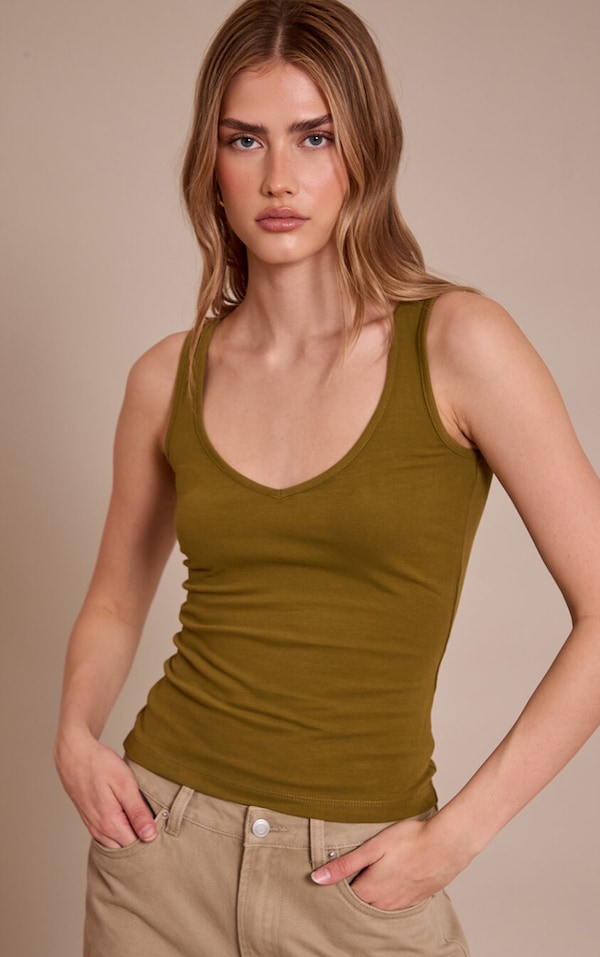 Débardeur en coton doux vert olive à col en V