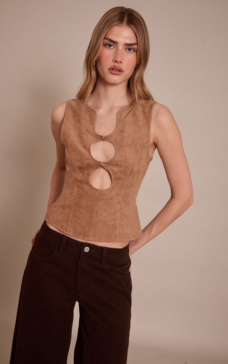Sand Faux Suede Fitted Cut Out Long Top image 1