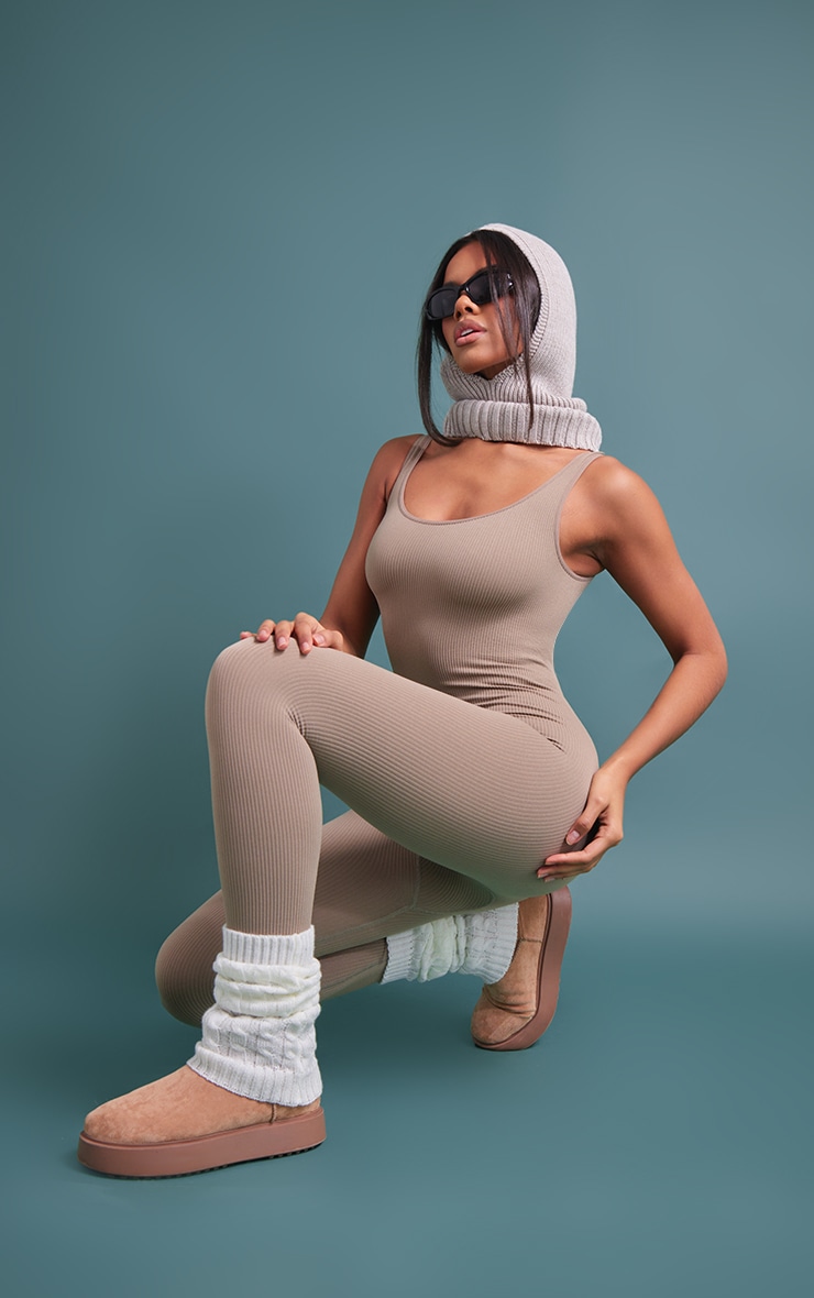 Taupe Scoop Neck Structured Snatched Ribbed Jumpsuit image 3