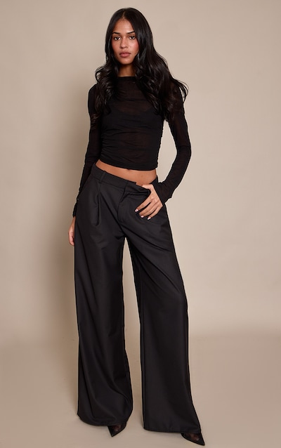 Tall Black Woven Double Pleat Wide Leg Trouser