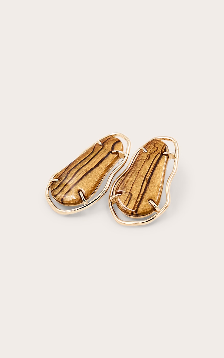 Boucles d'oreilles XXL à pierre oeil de tigre et contours dorés image 3