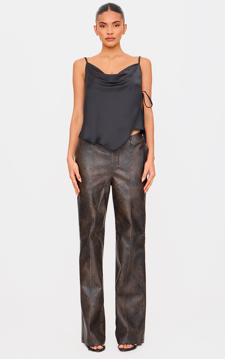 Black Satin Split Hem Asymmetric Long Top image 3